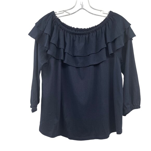 J.Jill Womens Off Shoulder Ruffle Blouse 3/4 Sleeve Navy Size Small Petite - Picture 1 of 9